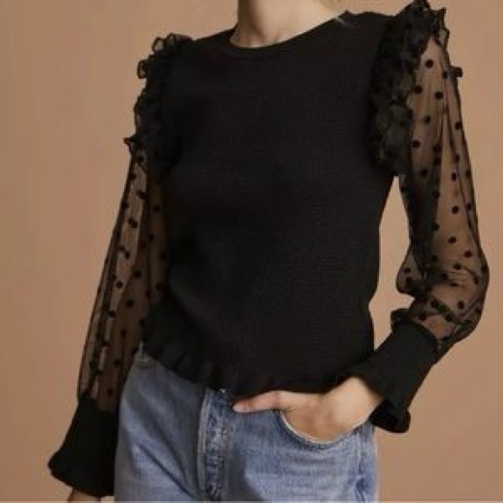 Anthropologie Maeve Sz S Sheer Polka Dot Sleeve Black Ruffled top